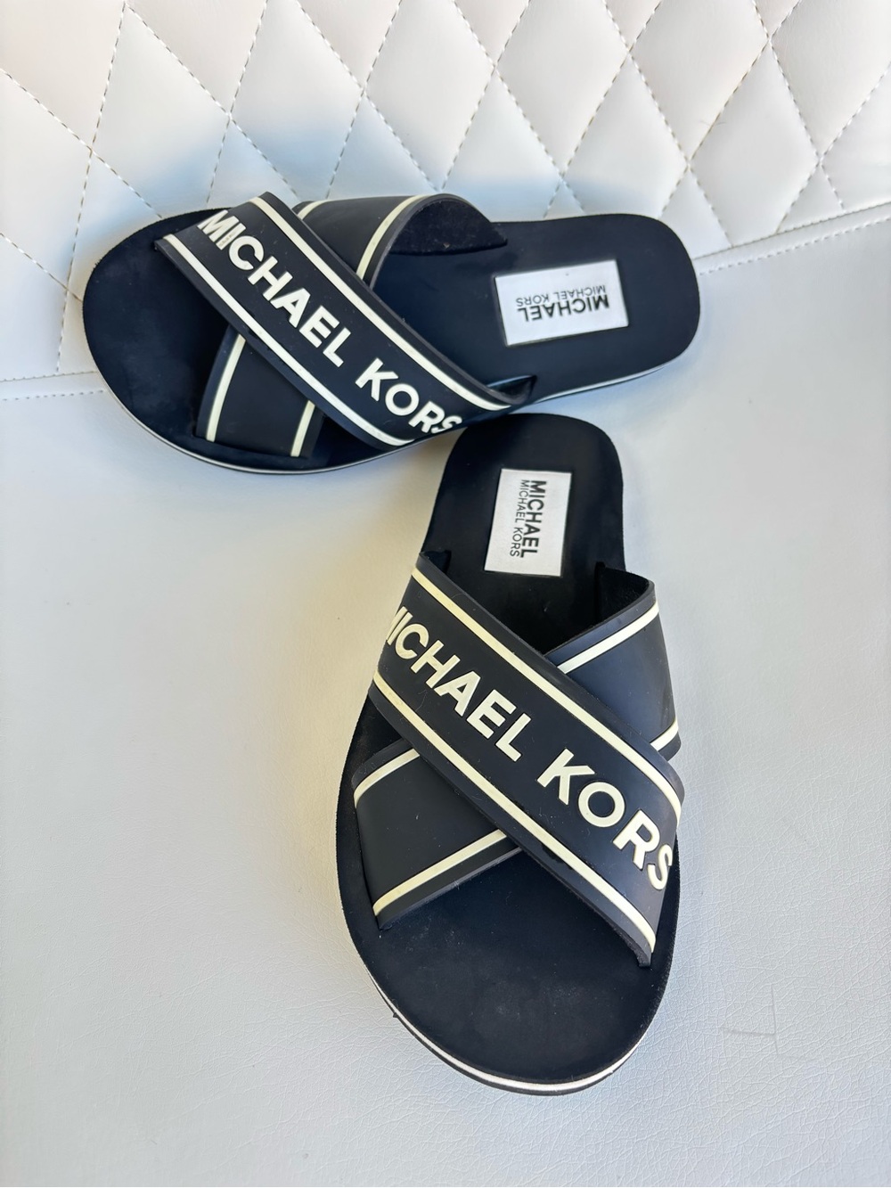 Michael Kors Black and White Crossband Slide Sandals